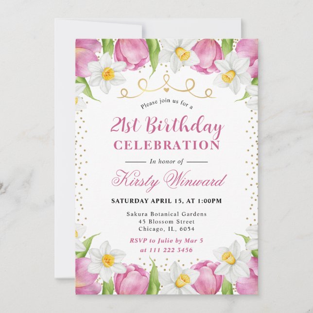 Invitation Aquarelle Tulipes roses et jonquilles Anniversaire (Devant)