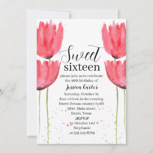 Invitation Aquarelle Tulipes roses Floral Sweet 16 Seize