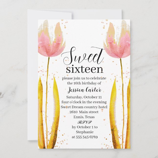 Invitation Aquarelle Tulipes roses Floral Sweet 16 Seize (Devant)