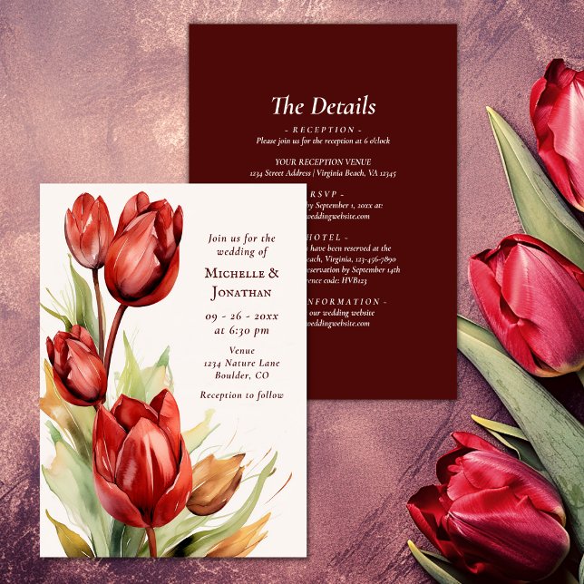 Invitation Aquarelle Tulipes Rouges Ressort Tout en un Mariag (Watercolor Red Tulips Spring All In One Wedding Invitation)