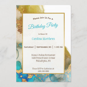 Invitation Aquarelle Turquoise Abstraite Gold Agate Anniversa