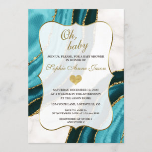 Invitation Aquarelle Turquoise Agate Baby shower Or
