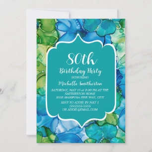 Invitation Aquarelle Turquoise bleu vert 80e anniversaire