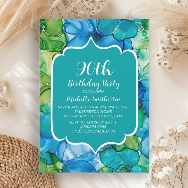 Invitation Aquarelle Turquoise bleu vert 90e anniversaire (Blue and green alcohol ink 90th birthday party invitation)