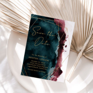 Invitation Aquarelle turquoise & Bourgogne Enregistrer La Dat