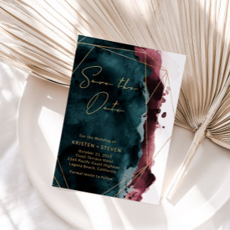 Invitation Aquarelle turquoise & Bourgogne Enregistrer La Dat