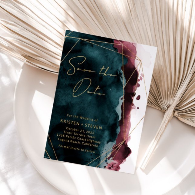 Invitation Aquarelle turquoise & Bourgogne Enregistrer La Dat (Créateur téléchargé)