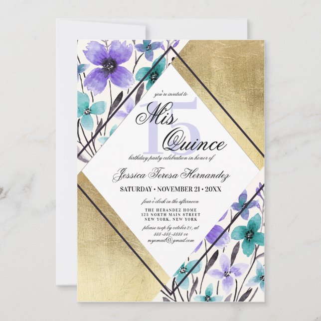 Invitation Aquarelle Turquoise couleur or violet Mis Quince (Devant)