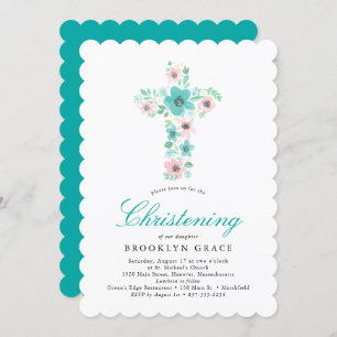 Invitation Aquarelle turquoise Croix Baptême