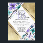 Invitation Aquarelle Turquoise dorée moderne violet doux 16<br><div class="desc">Cette invitation à fêter un sweet sixteen moderne, luxueux et élégant est parfaite pour un événement élégant et élégant. Il présente des fleurs et des feuilles turquoises, violets et violets peints à la main, sur un arrière - plan blanc avec des angles triangulaires en feuille d'or imbriqués et un design...</div>