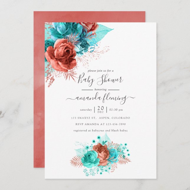 Invitation Aquarelle turquoise et corail Baby shower Floral (Devant / Derrière)