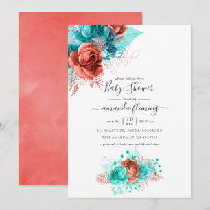 Invitation Aquarelle turquoise et corail Baby shower Floral