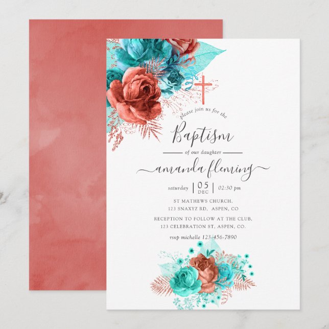 Invitation Aquarelle turquoise et corail Baptême floral (Devant / Derrière)