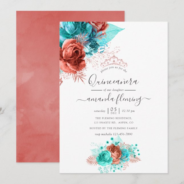 Invitation Aquarelle turquoise et corail Floral Quinceañera (Devant / Derrière)