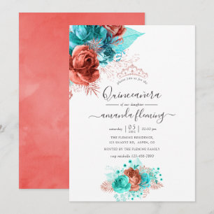 Invitation Aquarelle turquoise et corail Floral Quinceañera
