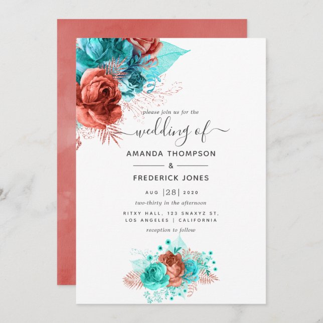 Invitation Aquarelle turquoise et corail Mariage Floral (Devant / Derrière)
