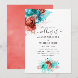 Invitation Aquarelle turquoise et corail Mariage Floral