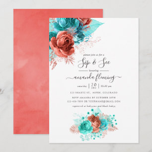 Invitation Aquarelle turquoise et corail Sip floral et voir