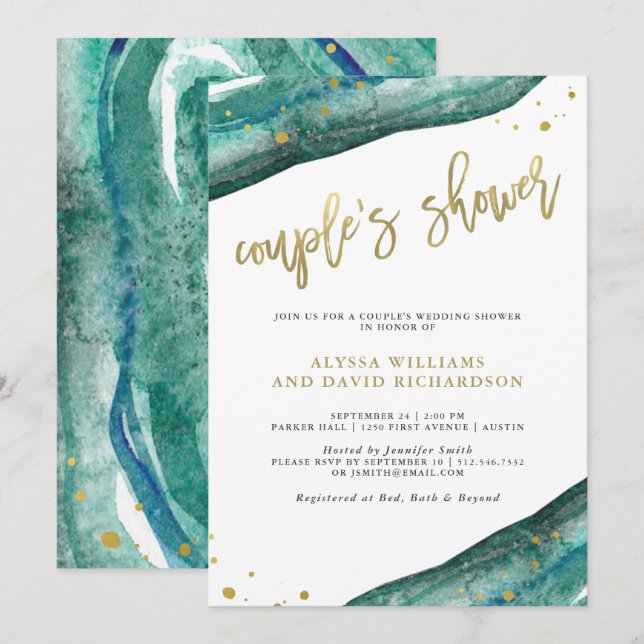 Invitation Aquarelle Turquoise et Gold Geode Couples douche (Devant / Derrière)