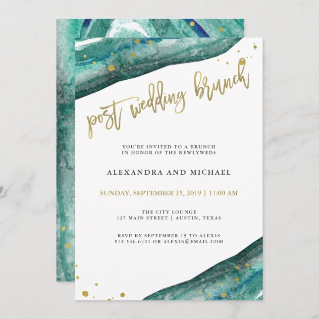 Invitation Aquarelle Turquoise et Gold Geode Post Mariage Bru (Devant / Derrière)