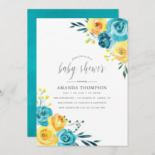 Invitation Aquarelle turquoise et jaune Baby shower floral