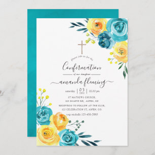 Invitation Aquarelle turquoise et jaune Confirmation florale