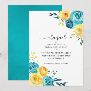 Invitation Aquarelle turquoise et jaune Floral Anniversaire