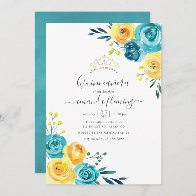 Invitation Aquarelle turquoise et jaune Floral Quinceañera (Devant / Derrière)