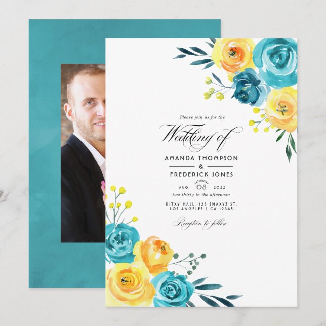 Invitation Aquarelle turquoise et jaune Mariage floral Inv (Devant / Derrière)