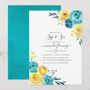 Invitation Aquarelle Turquoise et Jaune Sip floral et voir