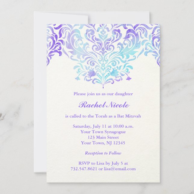 Invitation Aquarelle turquoise et violette Bat mitzvah Damask (Devant)