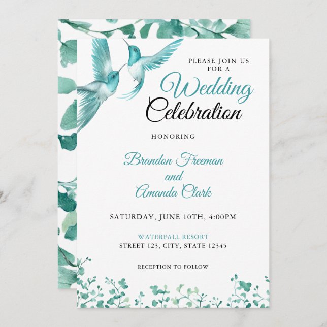 Invitation Aquarelle Turquoise Floral Colibri Mariage (Devant / Derrière)