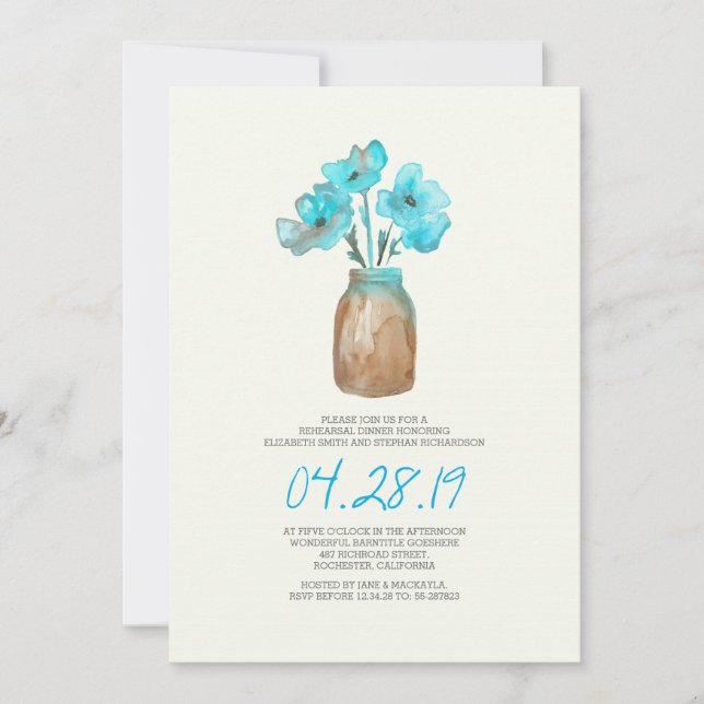 Invitation aquarelle turquoise floral REHEARSAL DINNER (Devant)
