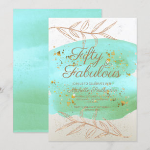 Invitation Aquarelle turquoise ivoire et poussière d'or 50e a