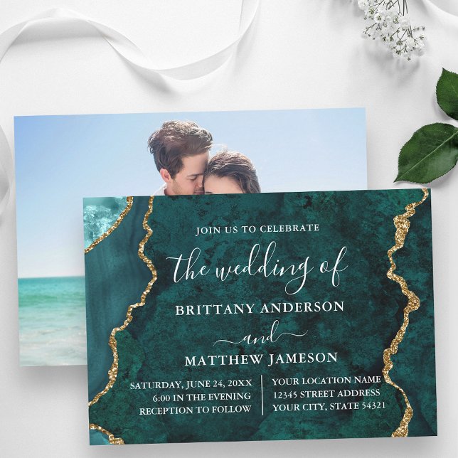 Invitation Aquarelle Turquoise Marble Gold Mariage photo (Customize to change text size or text style.)