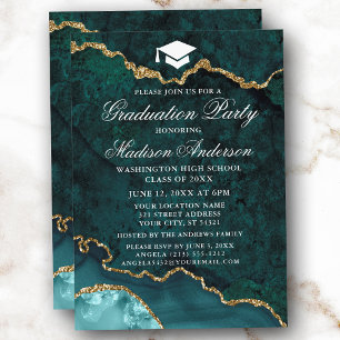 Invitation Aquarelle Turquoise Marbre Or Partie de graduation