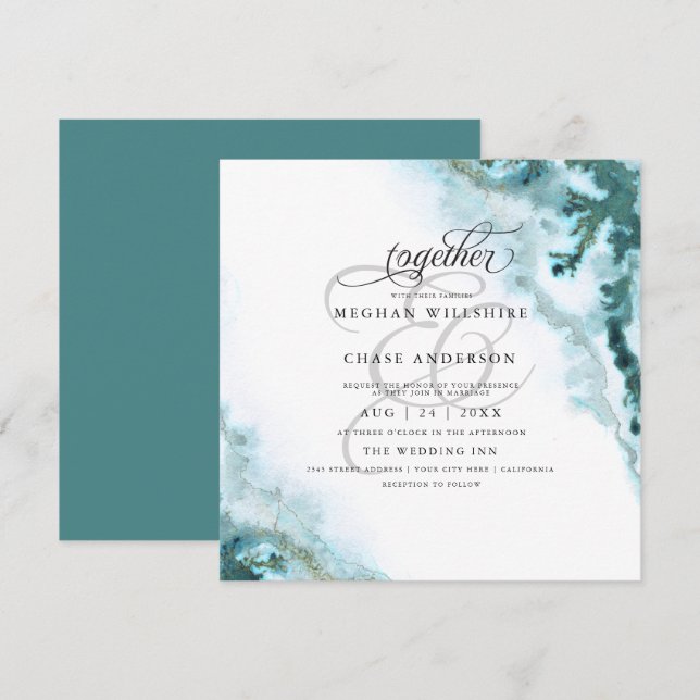 Invitation Aquarelle Turquoise moderne Moss Agate BarefootBri (Devant / Derrière)