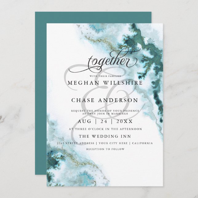 Invitation Aquarelle Turquoise moderne Moss Agate BarefootBri (Devant / Derrière)