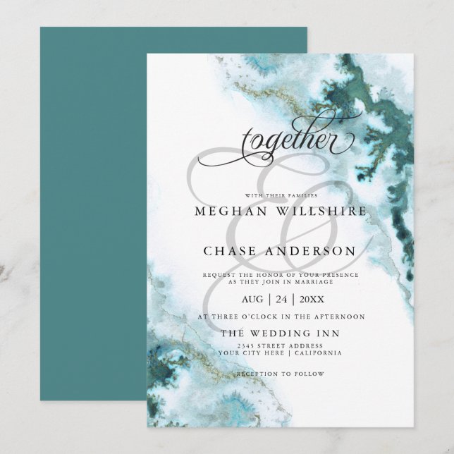 Invitation Aquarelle Turquoise moderne Moss Agate BarefootBri (Devant / Derrière)