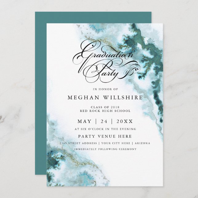 Invitation Aquarelle Turquoise moderne Moss Agate Party (Devant / Derrière)