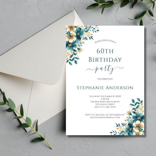 Invitation Aquarelle turquoise or Elegant Floral 60e annivers (Teal gold watercolor florals 60th ( or any year ) elegant birthday party invitation. Printed or Digi)