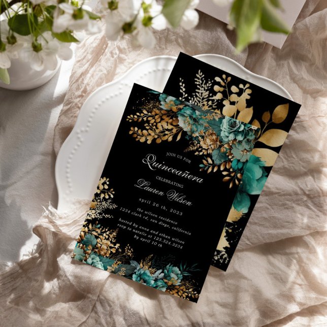Invitation Aquarelle Turquoise or Floral Quinceanera (Créateur téléchargé)