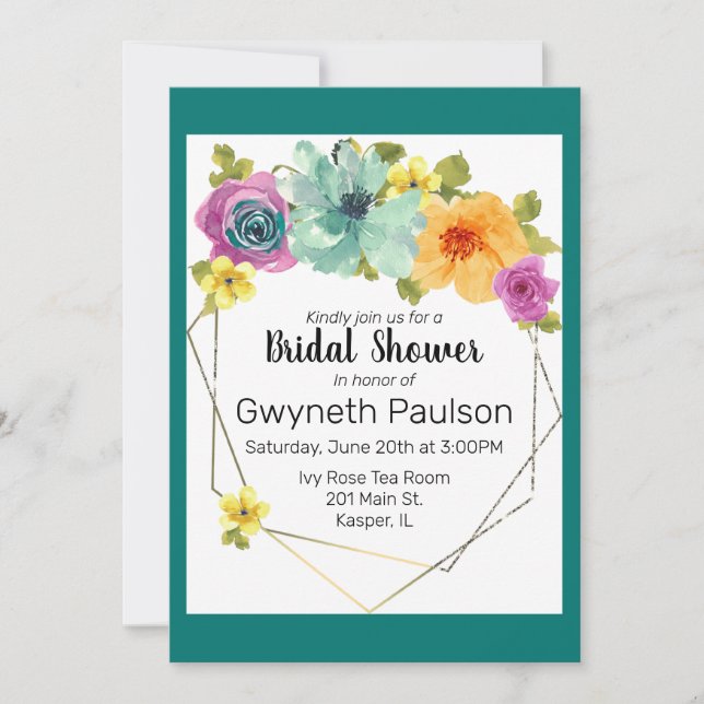 Invitation Aquarelle Turquoise Orange Jaune Rose Floral Or (Devant)