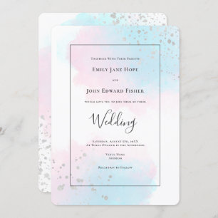 Invitation Aquarelle Turquoise rose bleu Argent Confetti Mari