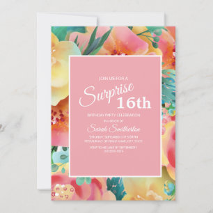 Invitation Aquarelle Turquoise rose jaune 16e anniversaire