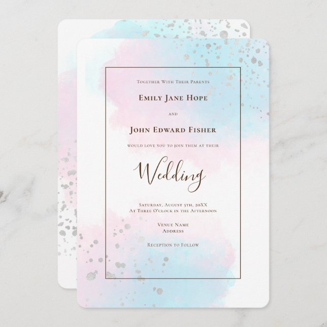 Invitation Aquarelle Turquoise rose Mariage Confetti en argen (Devant / Derrière)