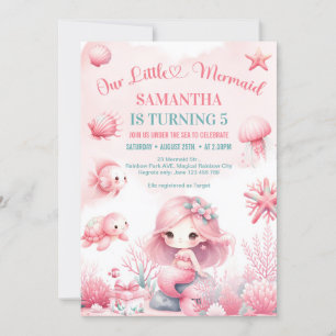Invitation Aquarelle turquoise rose sirène pour tout annivers