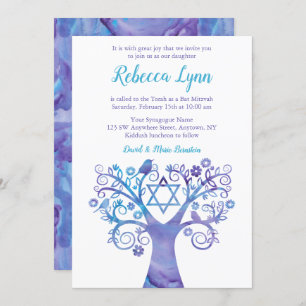 Invitation Aquarelle Turquoise violette Arbre Bat mitzvah de