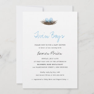 Invitation Aquarelle Twin Boys Baby shower de nid d'oiseaux