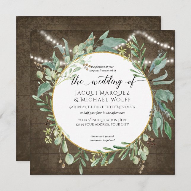 Invitation Aquarelle Twinkle Lights Rustic Wood Eucalyptus (Devant / Derrière)